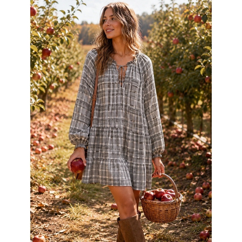 Show Me Your Mumu Birdie Mini Dress XL Black White Plaid Tiered Babydoll